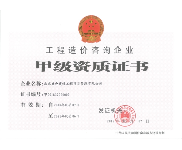 造价甲级资质证书