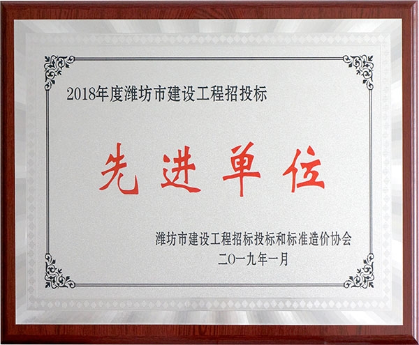 2018年度潍坊市建设工程招投标先进单位牌匾